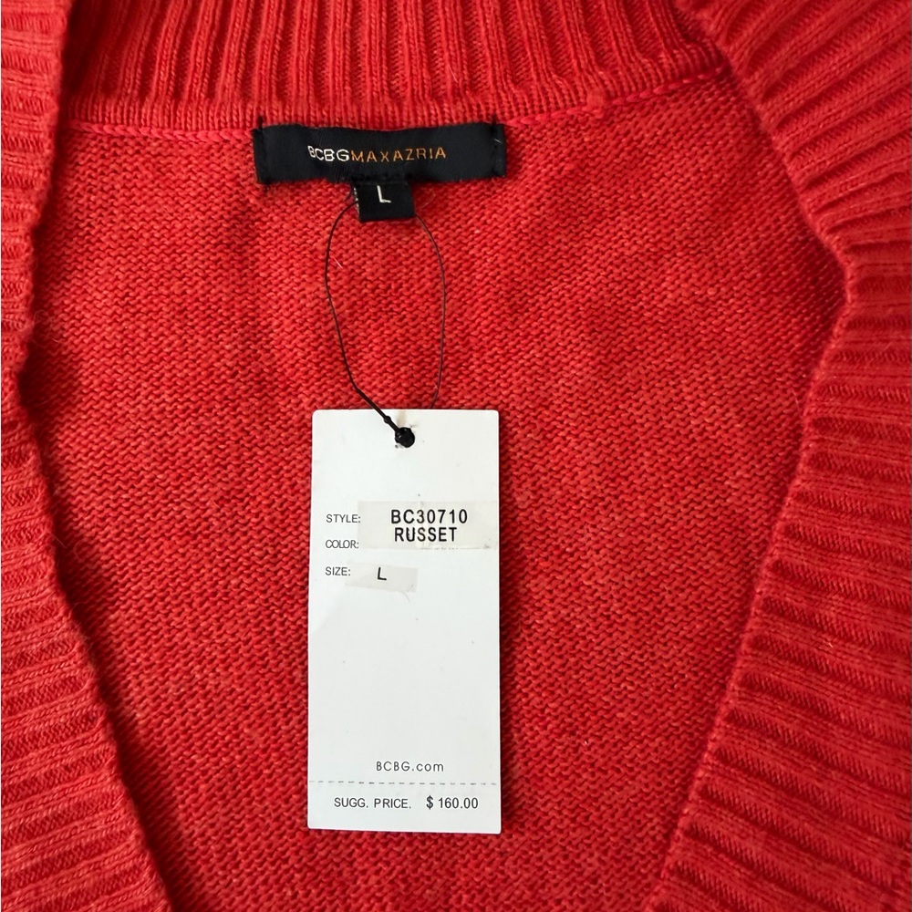 BCBG Max Azaria Burnt Orange Deep V Neck Sweater Tunic Wool Angora Large NWT - Picture 8 of 9